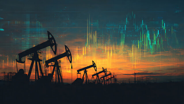 Silhouette of oil pumps against a dramatic sunset background with overlaid stock market data, cinematic shot, ideal for energy industry reports, financial analysis and investment presentations