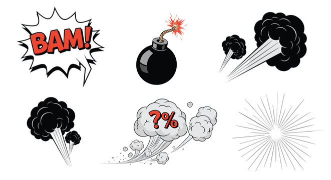 Collection of explosive comic book design elements including a bomb, smoke clouds, and a loud bam speech bubble.