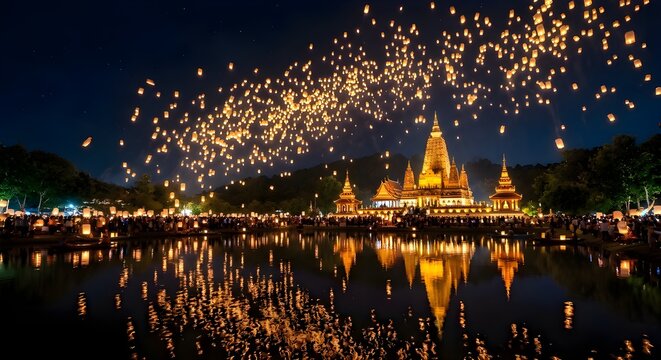 Thousands of Sky Lanterns Rising Over Thai Temple at Night Loy Krathong Festival