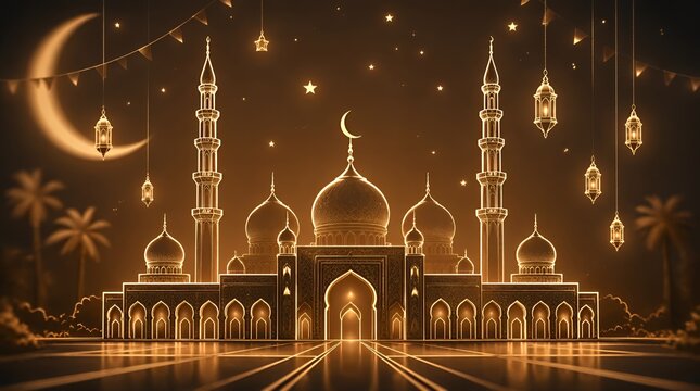 Golden Mosque with Tall Minarets and Starry Night