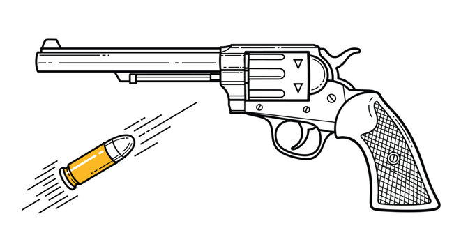 Detailed illustration of a silver revolver handgun with a golden bullet fired and flying through the air with speed lines.