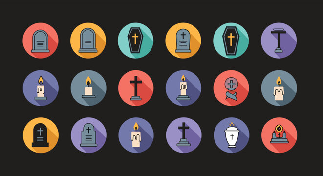 Cemetery and funeral service flat icons collection showing burial symbols like tombstones, coffins, crosses, and candles in colorful circles.