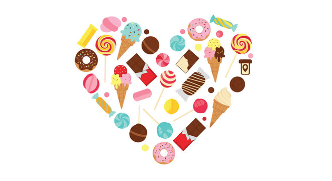 Sweet heart shape made of various candies including assorted colorful sweets, ice creams, lollipops, donuts, and chocolate bars for romance.