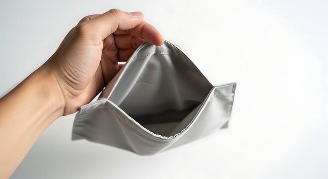 A hand holds a crumpled silver pouch upwards on a white surface.