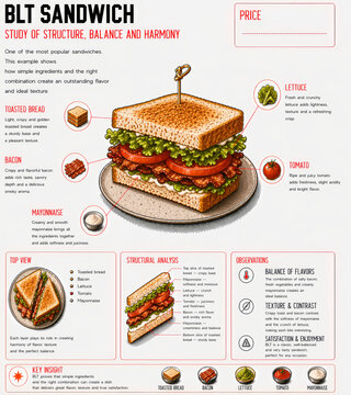  S&aacute;ndwich BLT con bacon, lechuga y tomate con ingredientes detallados.
