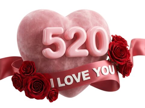 A pink heart with 520 and roses flies with Valentine's Day balloons and confetti