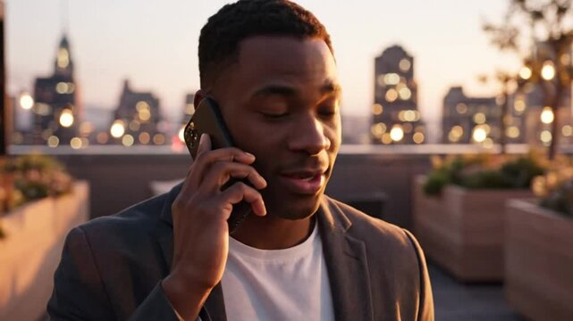Focused Black Businessman Discussing Business Opportunities on Phone Call Against City Skyline at Sunset