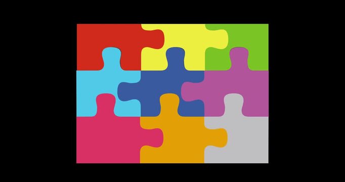 Animation of colorful interlocking puzzle pieces symbolizing teamwork, unity, connection and diversity. Modern abstract background for business use.