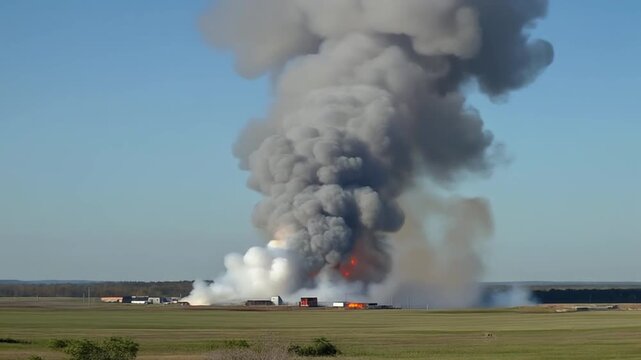 Massive industrial explosion footage captured showing immense plumes of smoke rising into the clear blue sky with flames licking at the base of the towering fire cloud video clip