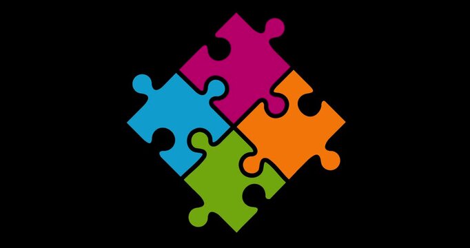 Puzzle pieces slide into place on black background. Colorful shapes connect, symbolizing teamwork and problem-solving. Simple animation fits branding, education, or motivational projects
