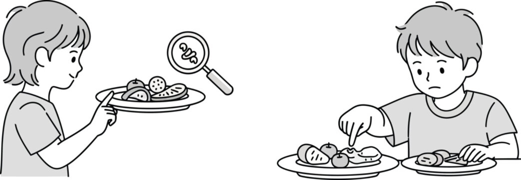 Child Inspecting Food for Pests with Magnifying Glass, Picky Eater Concept
