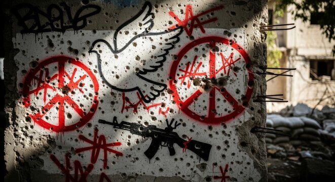 Graffiti of Peace Symbols Defaced by War Imagery on Wall