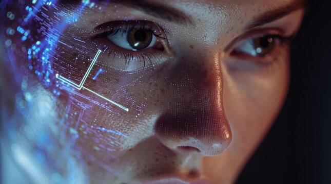 Close-up of a human face with a subtle transparent AI interface overlay, soft glowing data patterns blending with skin, blue-violet tones, cinematic lighting, futuristic and elegant.