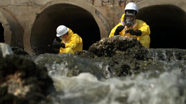 Two scientists in yellow protective suits are collecting water samples from drainage pipes before taking to the lab for further analysis to determine of pollutants