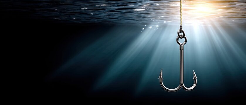 Fishing hook dangles in dark blue water with light shining from the surface creating bright reflections and ripples above