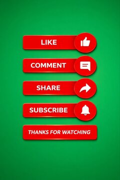 Red social media engagement buttons with like, comment, share, subscribe icons on green background