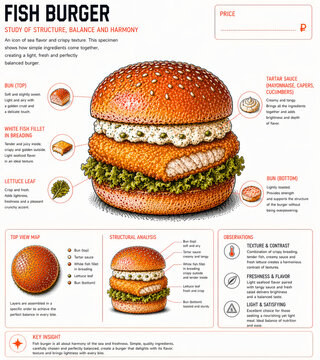  Hamburguesa de pescado con lechuga y salsa con ingredientes explicados.

