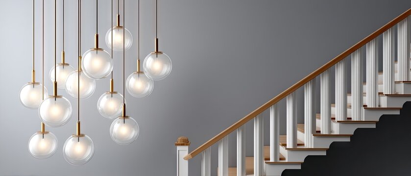 Modern lighting fixture with clear glass globes and brass rods near a staircase with light wood handrail and white balusters