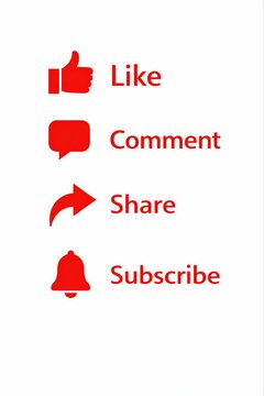Red social media icons for like, comment, share and subscribe actions