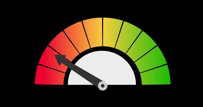 Speedometer gauge needle sweeps from green to red. Visual shows performance levels changing. Ideal for tech, automotive, or efficiency-related projects