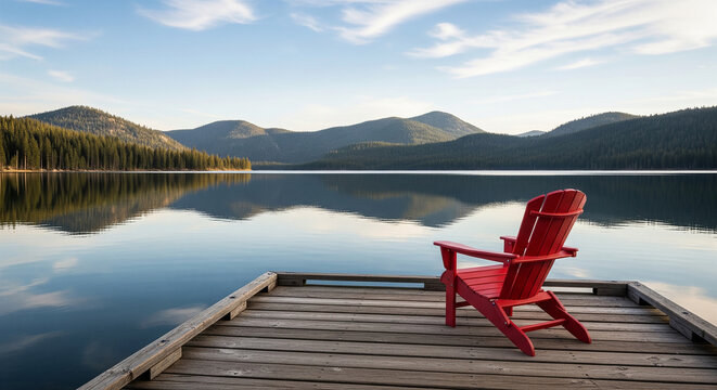 Peaceful mountain lake landscape with a red chair perfect for outdoor vacation getaways nature solitude and relaxation plans