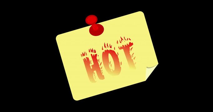Yellow sticky note with HOT in fiery text. Note rotates slightly against black background. Simple design for sale or promotion. Useful for advertising