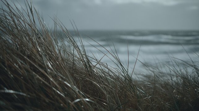 Dune grass growing by ocean with rough waves