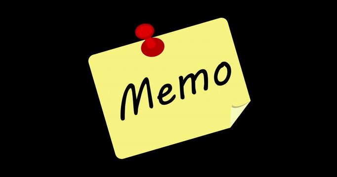 Yellow sticky note labeled Memo pinned against dark background. Note slightly tilted, red pin visible. Ideal for reminders, office themes