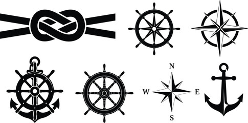 Nautical symbols, including anchors, ship wheels, compasses, and knot on white background © MD FARID