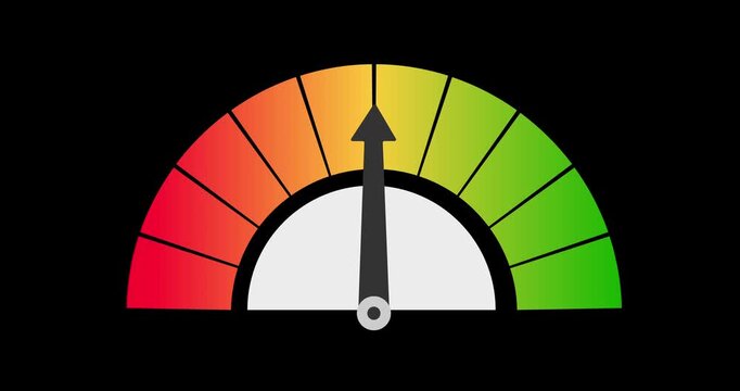 Arrow stands between red and green on semi-position of gauge. Shows progress, performance, or status change. Can be used for health, speed, or energy levels. Perfect for presentations, dashboards