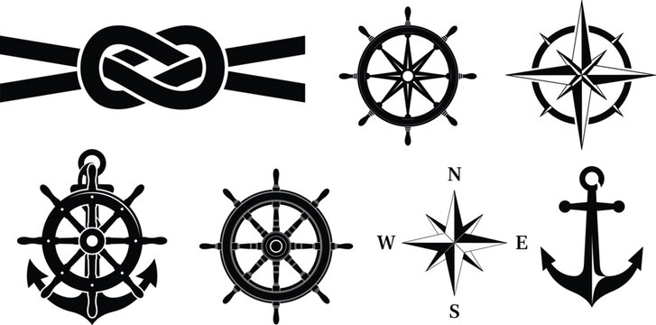 Nautical symbols, including anchors, ship wheels, compasses, and knot on white background