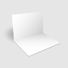 Fototapeta premium Blank white open greeting card or invitation mockup. Minimal realistic standing bifold card layout on light gray background with soft shadow. Landscape folding card vector illustration.