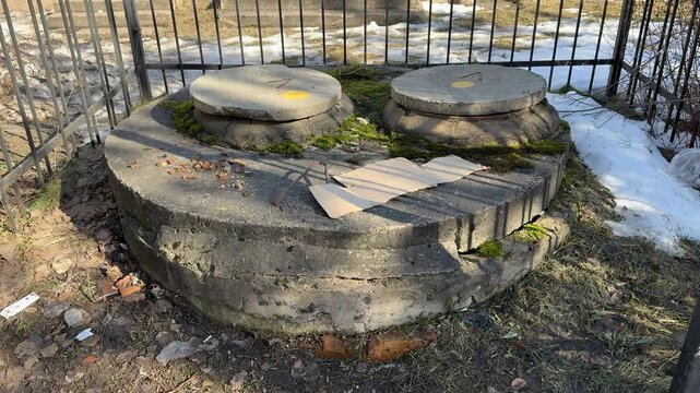 A manhole cover in close-up with cat food, a concrete side overgrown with moss, a metal fence in the background, scattered food