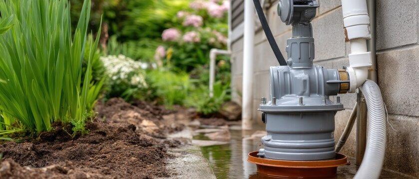Ground level view of grey sump pump with flexible discharge hose and white plumbing in orange basin surrounded by water and debris in a garden area