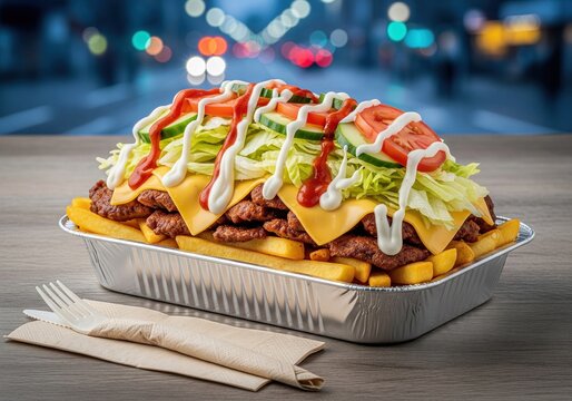 Kapsalon fast food dish in aluminum container with fries meat cheese salad and sauces on table