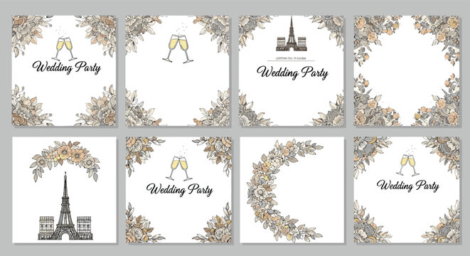 Set of elegant wedding party invitation card designs featuring floral borders, champagne glasses, and the Eiffel Tower.