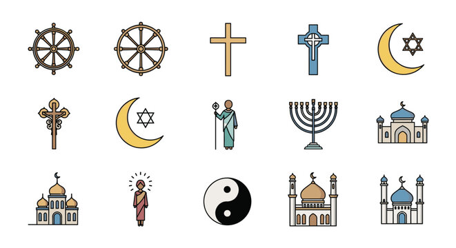 Diverse collection of major world religion symbols and places of worship including crosses crescent stars and mosques.