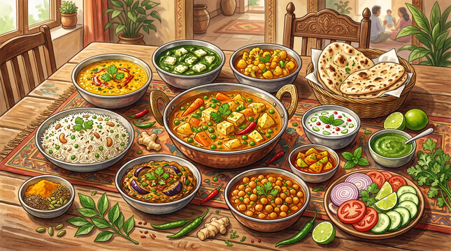 Diverse Indian cuisine spread on a wooden table.