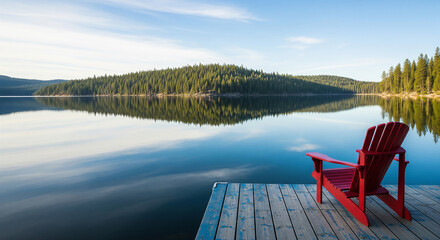 Naklejka premium Serene mountain lake with a red wooden chair on a dock perfect for nature retreats peaceful vacation and relaxation concepts