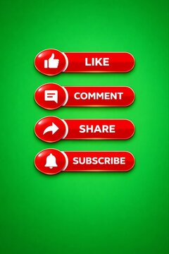 Red social media action buttons with like, comment, share, and subscribe icons on green background