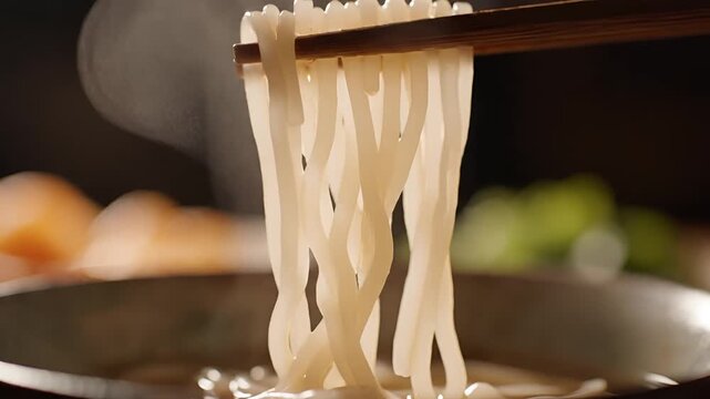 Closeup of steaming noodles being lifted with chopsticks from a hot pot.