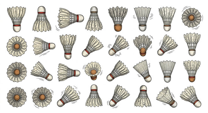 A dynamic assortment of illustrated badminton shuttlecocks presented in various angles and orientations, capturing the essence of the sport's equipment and movement