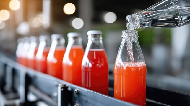 Industrial bottling machine fills glass bottles with bright red liquid on a production line in an industrial setting