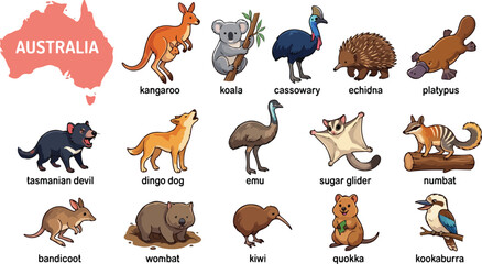 Australian animals icons, wildlife symbols, Australia fauna set, 16 vector illustrations © MDEMON