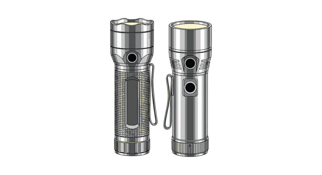 Two high performance professional LED flashlights in different metallic finishes isolated on plain white background.