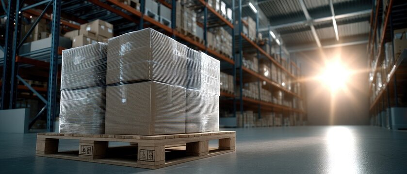 View inside a large warehouse with a wooden pallet loaded with cardboard boxes wrapped in plastic and bright lighting above