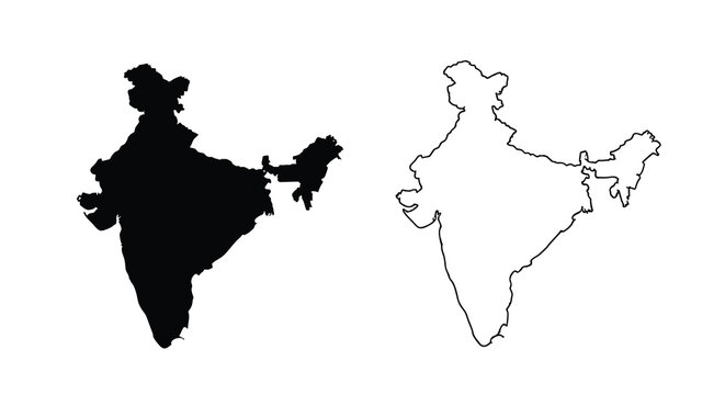 A comparison showing india s silhouette filled black and a white outline version on a white background