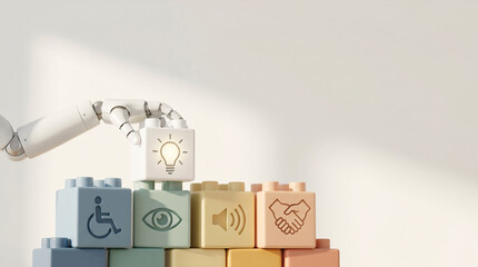 Naklejka premium Robot hand building blocks with icons of success and diversity