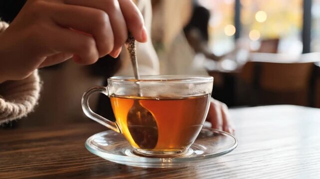 Close-up of a person stirring hot tea in a glass teacup with a spoon inside a cafe