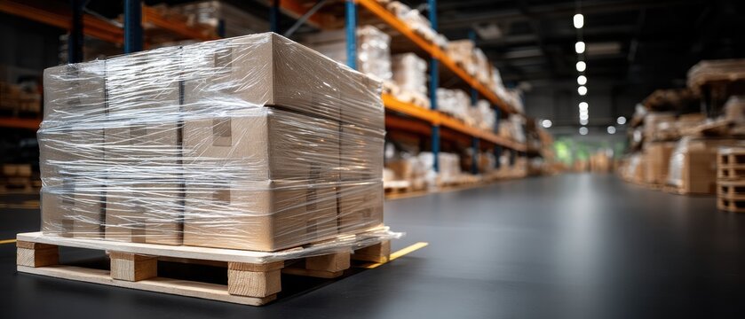 Warehouse interior shows stacked cardboard boxes on a light wooden pallet with bright overhead lights and orange and blue shelving in the background